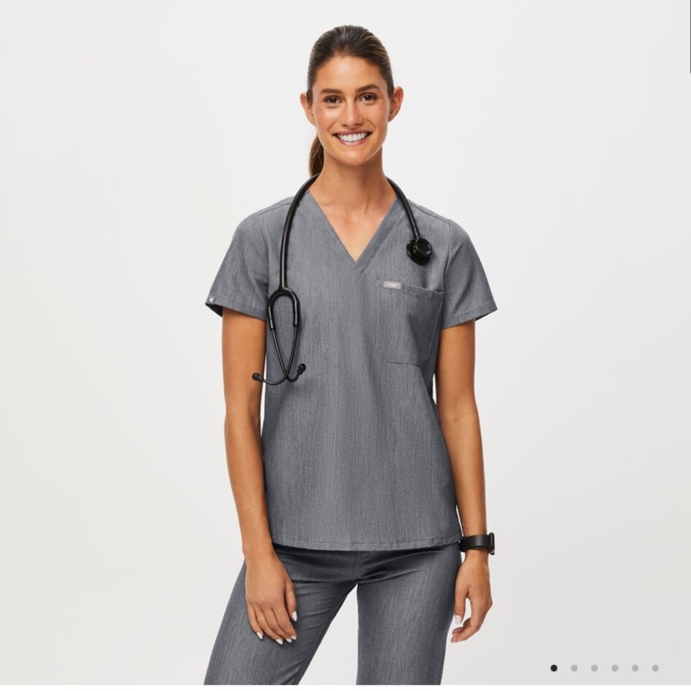 Gently used FIGS slate gray technical scrub tops for women.